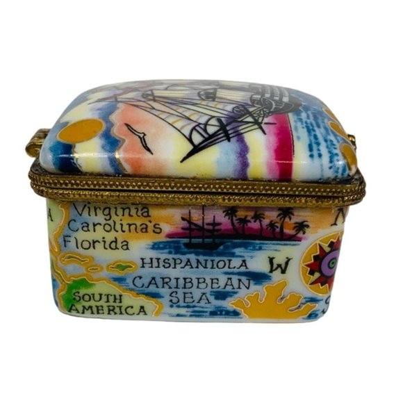 VTG Agiftcorp Boston Trinket Box Clipper Ship 2" Map of World Gold Tone Flower - Picture 7 of 16